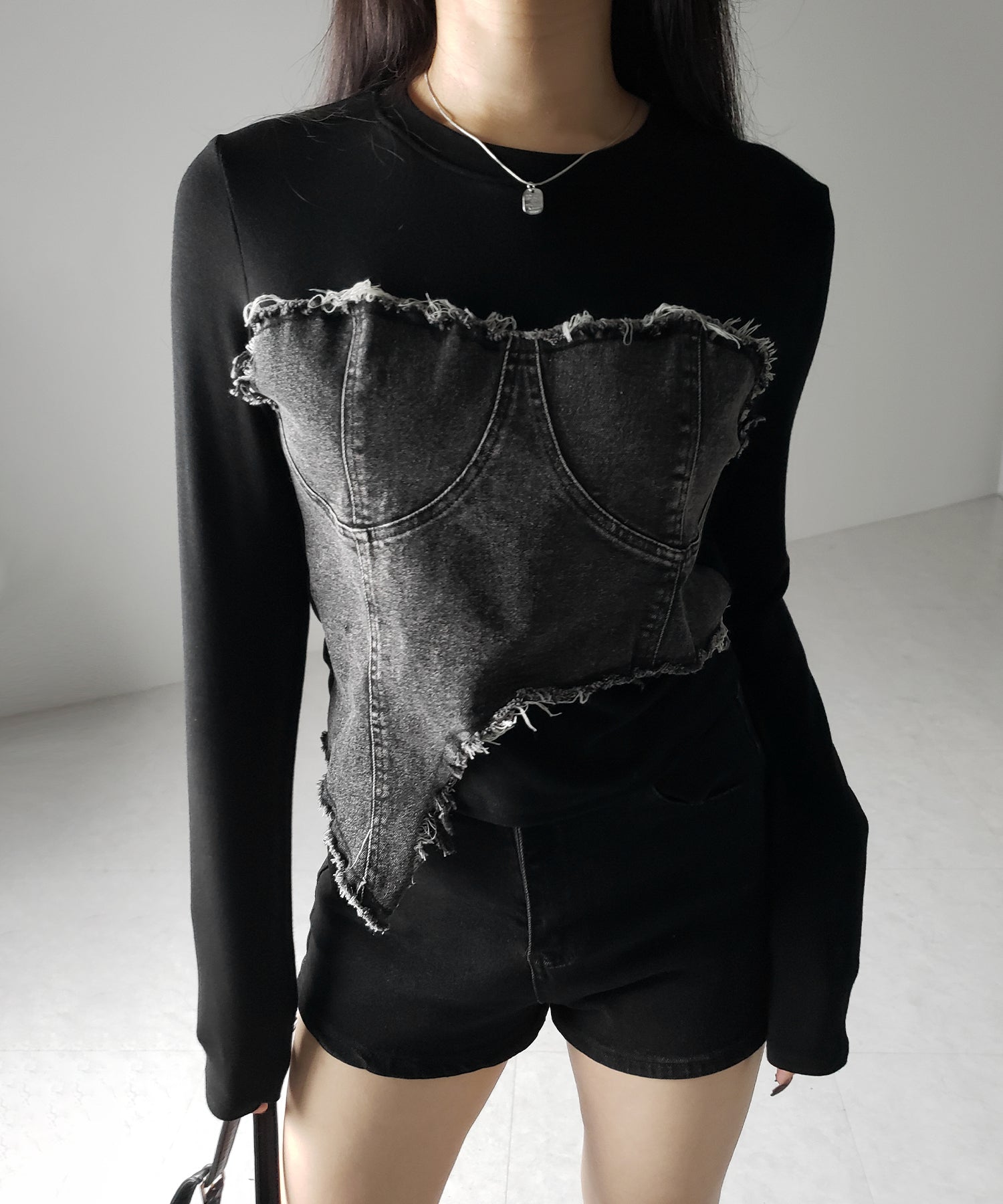 【 2color 】ダメージデニムビスチェドッキングTシャツ / damage denim bustier docking Tee