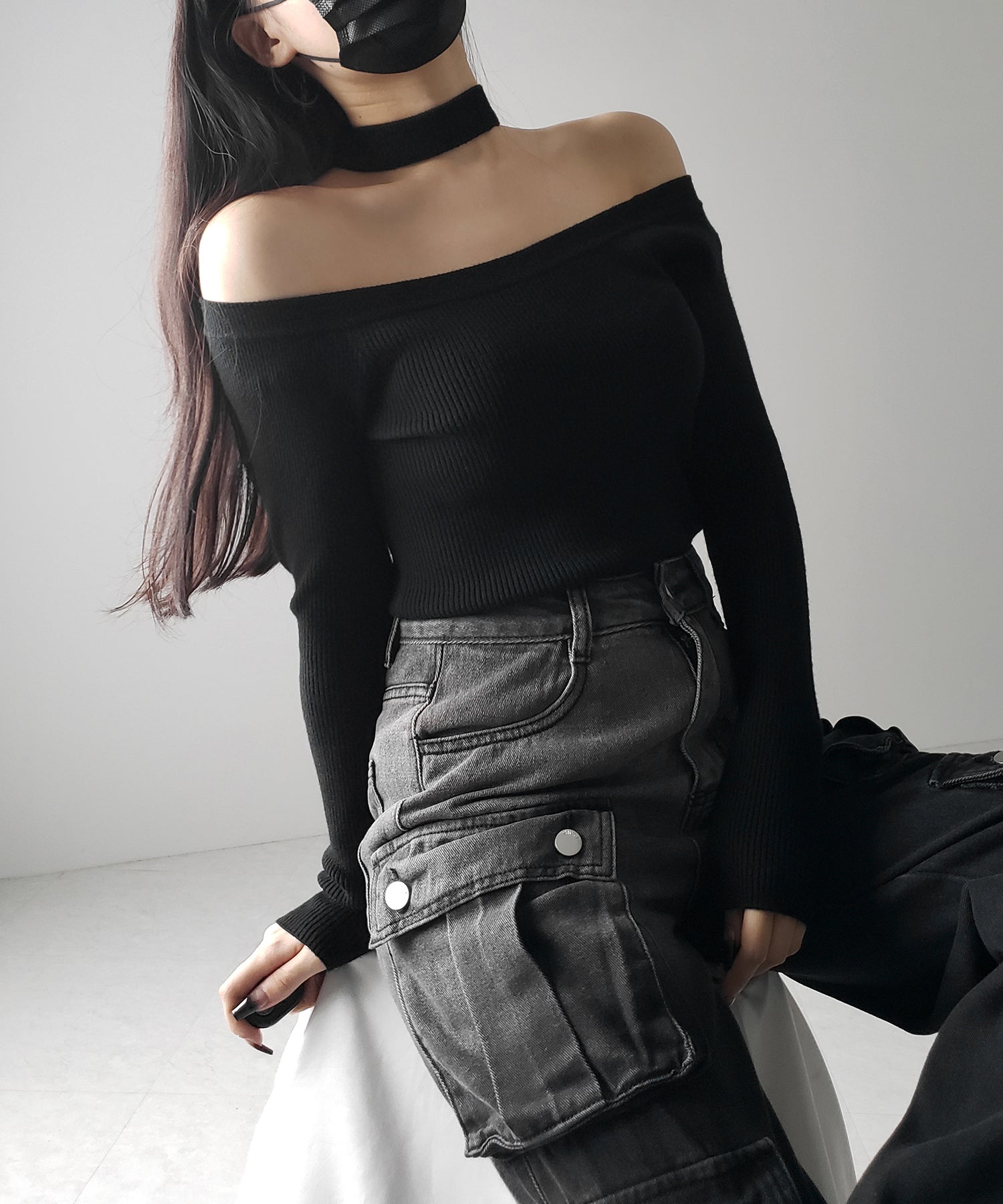 【 2color 】チョーカーオフショルリブニットトップス /choker offshoulder lib knit tops