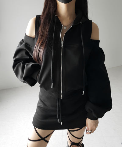 オープンショルダーカットアウトジップアップパーカー / open shoulder cut out zip up hoodie