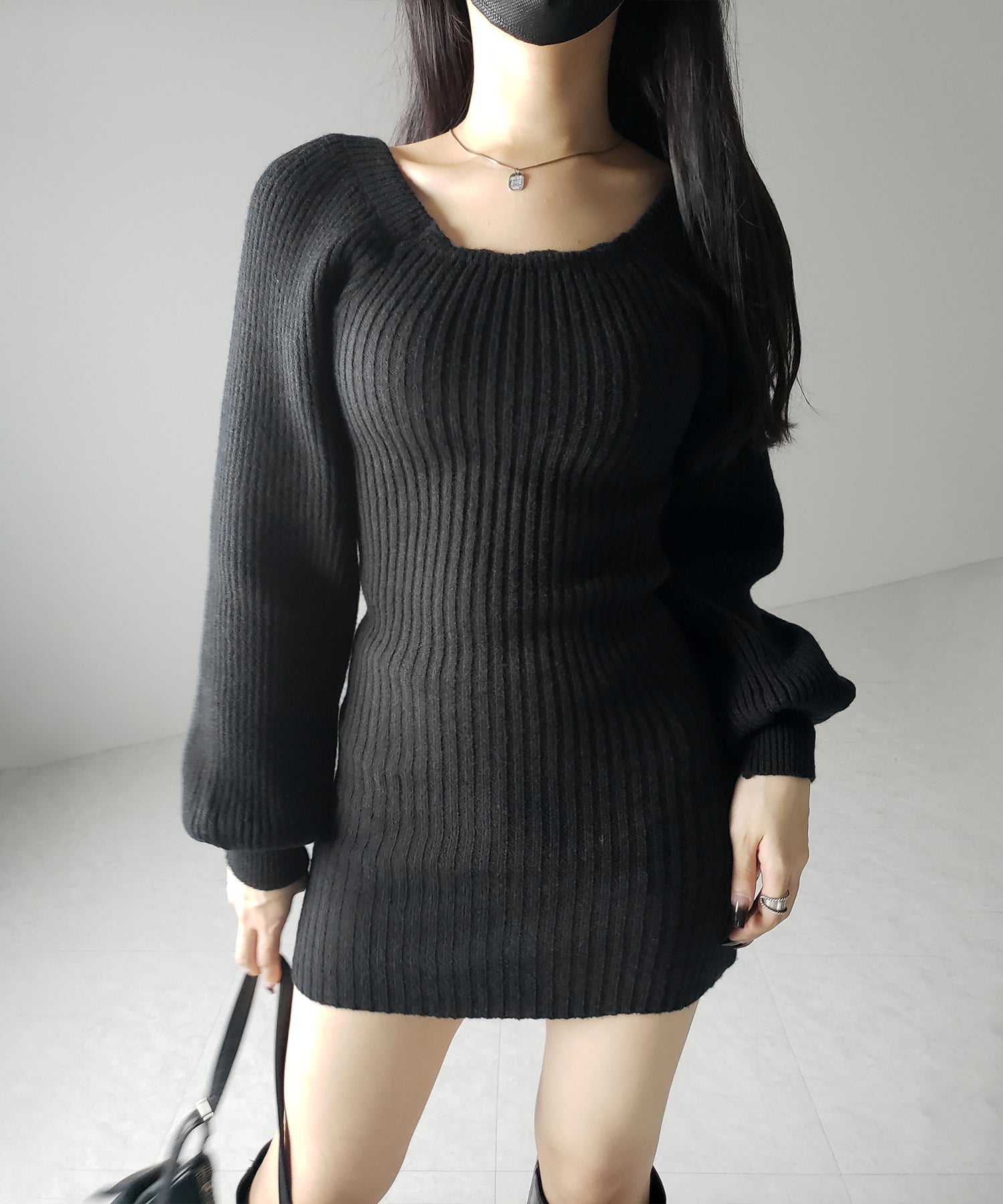 【 2color 】スクエアネックリブニットミニワンピース / square neck rib knit mini one piece