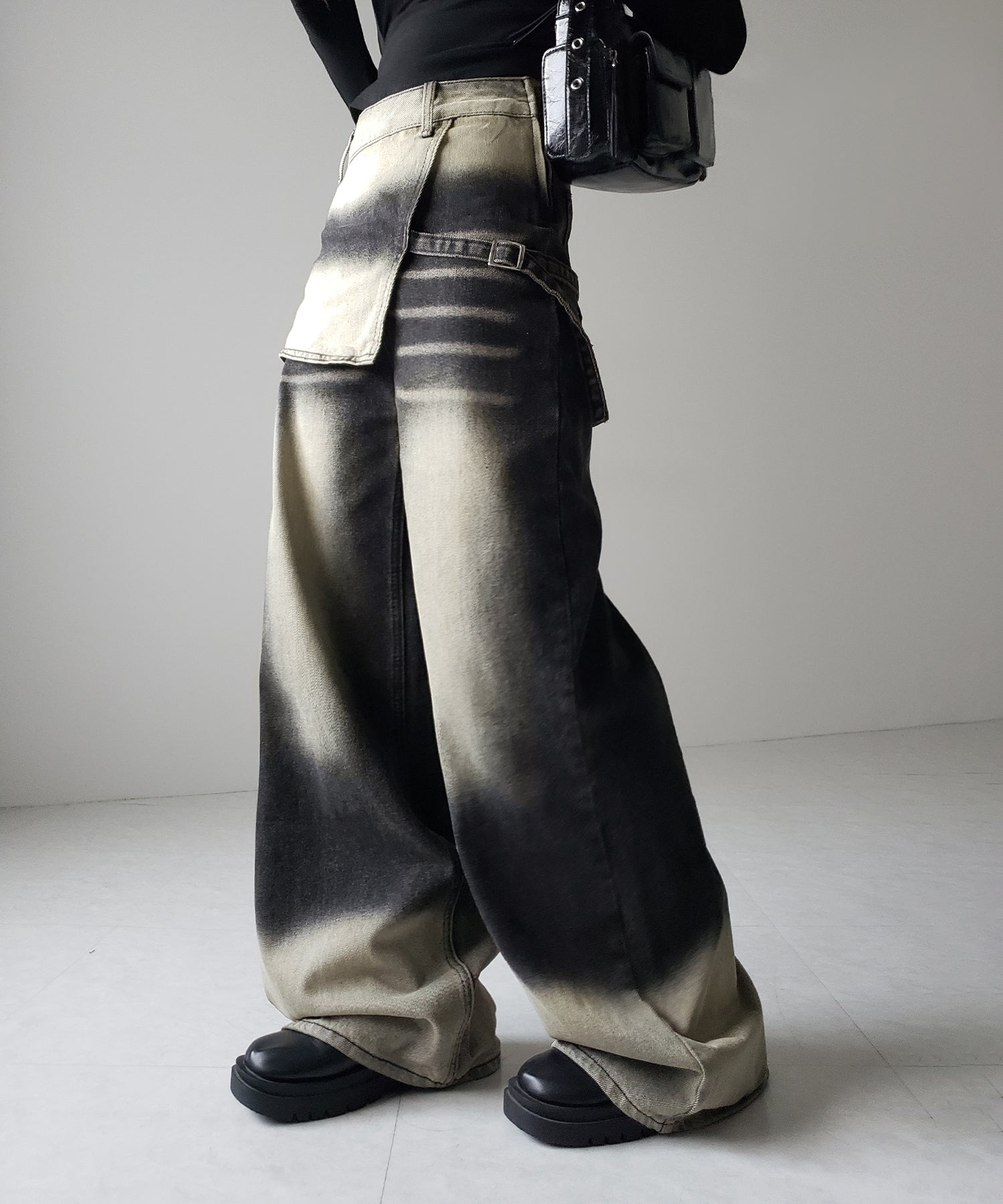 【 2color /4size 】ラップレイヤードバイカラーブリーチワイドデニム / wrap layered bicolor bleach wide denim