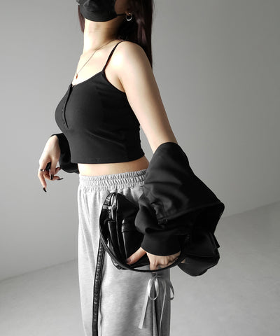 【 カップ付き 】フロントボタンヘンリーネックショートリブキャミソール / front button henry neck short rib camisole