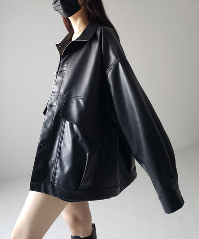 【 裾絞り可能2WAY 】ビッグシルエットボーイフレンドレザージャケット