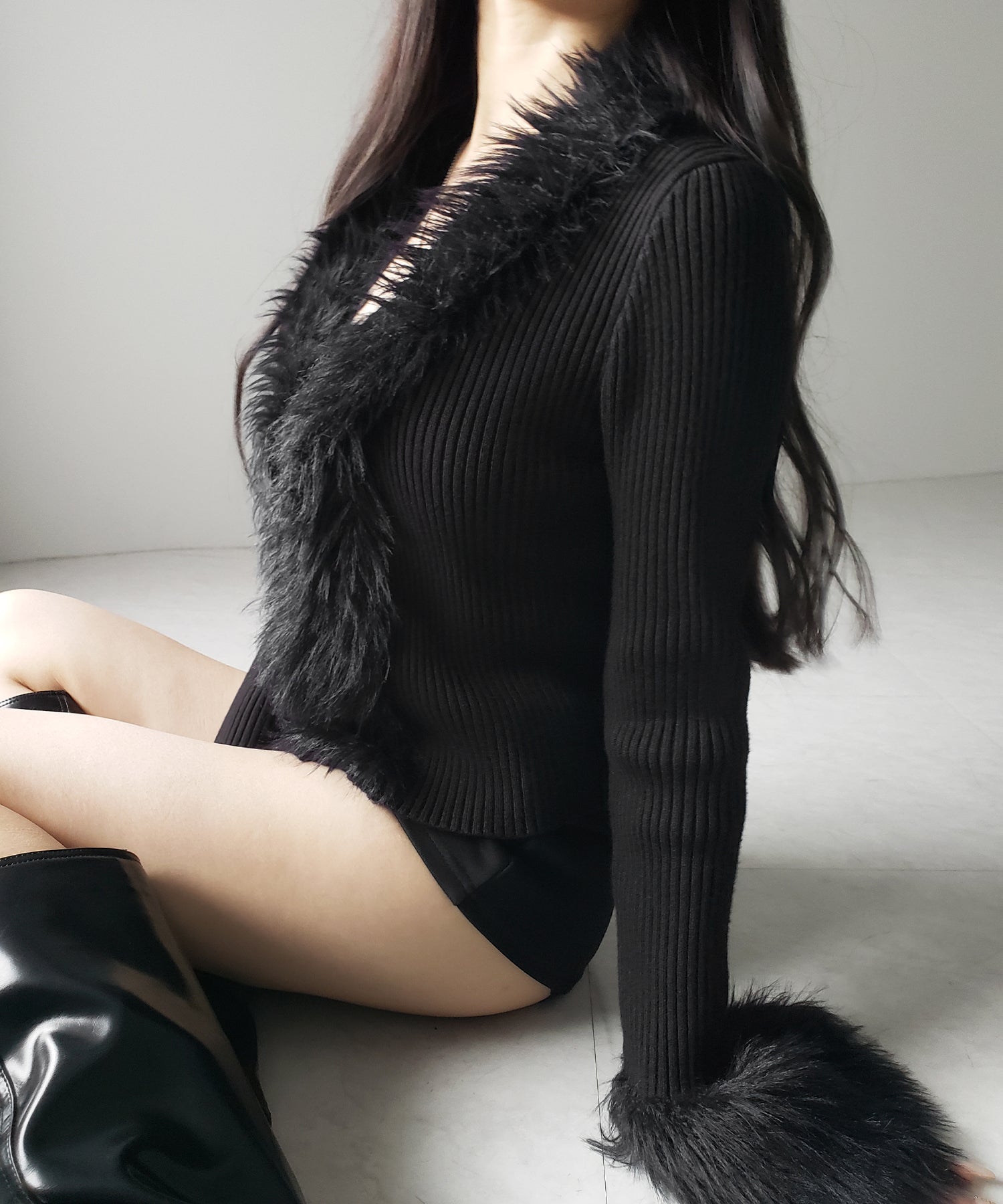 シャギーファードッキングリブニットカーディガン / shaggy fur docking rib knit cardigan