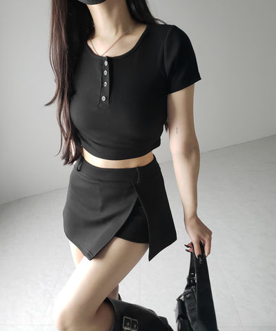 ヘンリーネック半袖ショートリブTシャツ /henley neck short sleeve short lib T-shirt