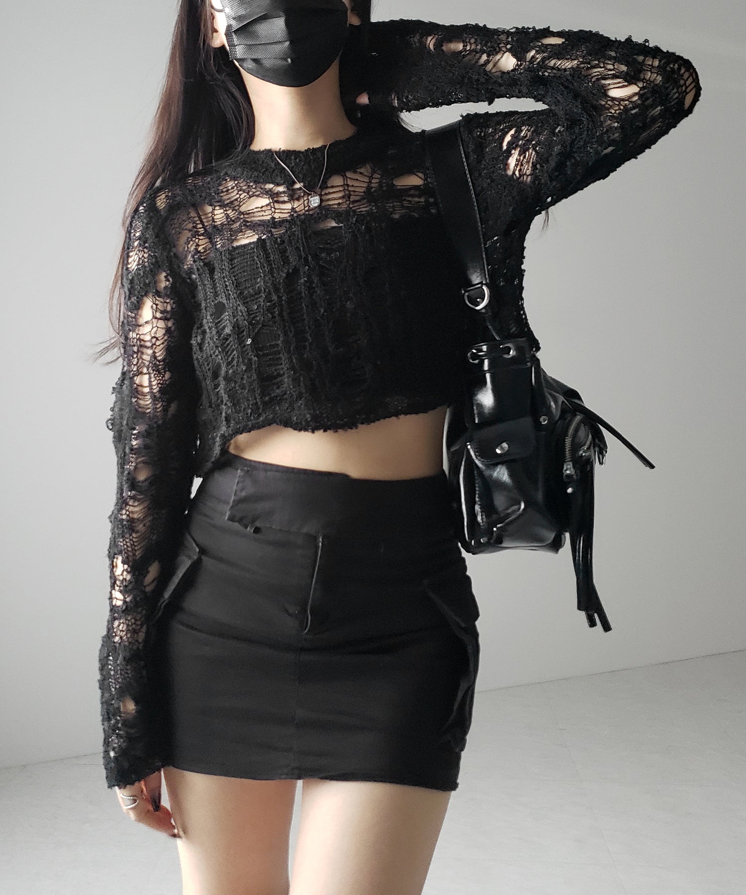 クラッシュダメージショートシアーニット / crush damage short sheer knit