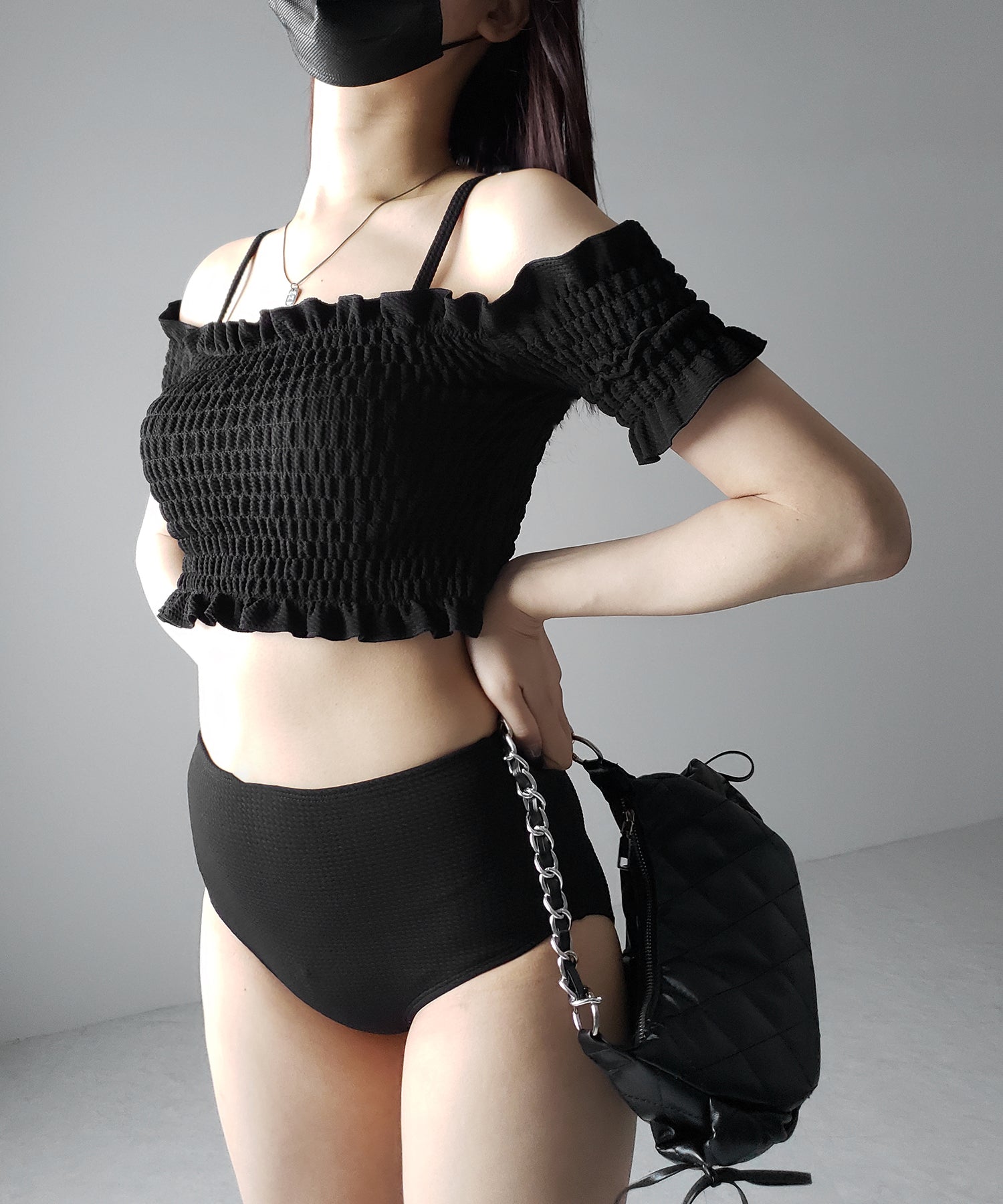 【 レディース水着/2点セット 】オフショルダーシャーリングギャザーハイウエストビキニ / off shoulder shirring gather highwaist bikini
