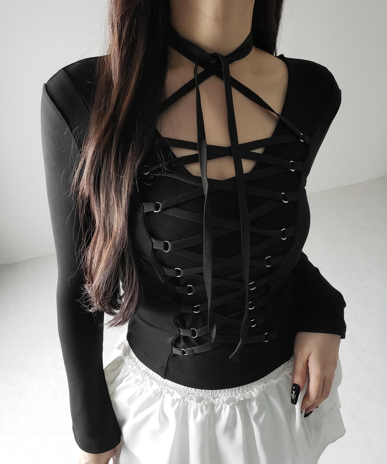 【 3WAY /2color 】レースアップコルセットリボンチョーカートップス / lace up corset ribbon choker tops