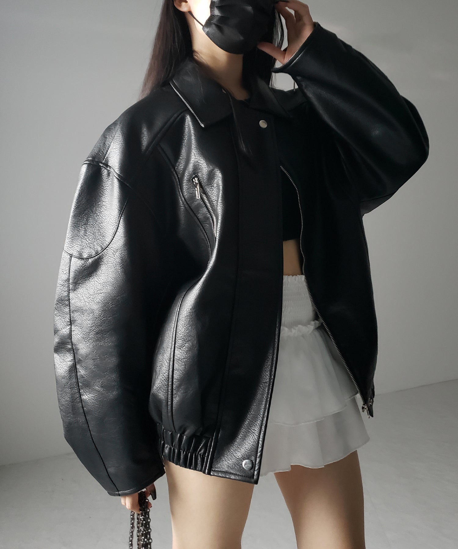 【 2color 】ヴィンテージライクボリュームスリーブフェイクレザーブルゾン / vintage like volume sleeve fake leather blouson