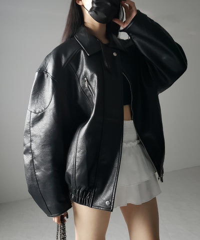 【 2color 】ヴィンテージライクボリュームスリーブフェイクレザーブルゾン / vintage like volume sleeve fake leather blouson