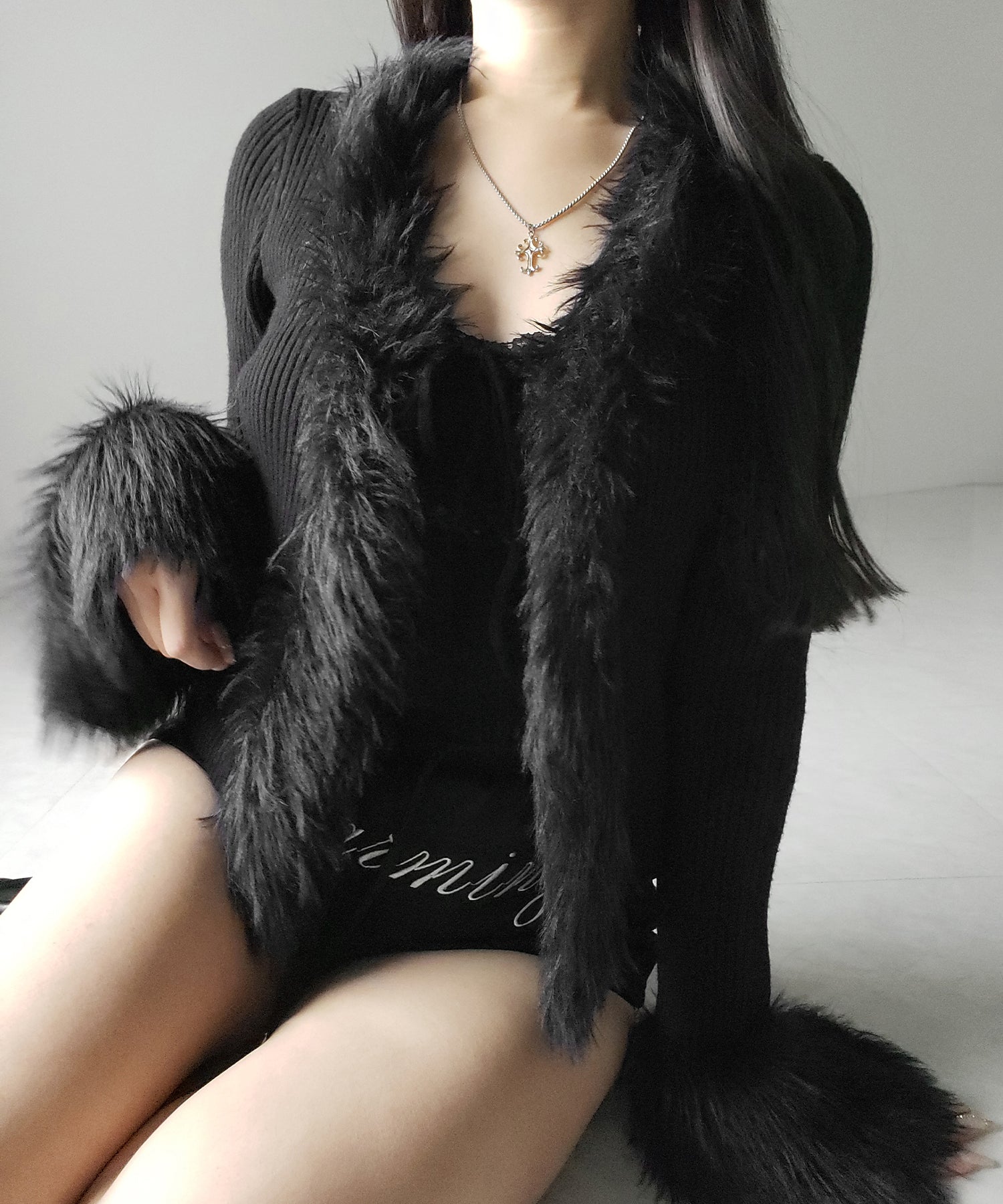 シャギーファードッキングリブニットカーディガン / shaggy fur docking rib knit cardigan