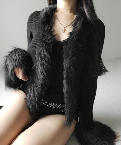 シャギーファードッキングリブニットカーディガン / shaggy fur docking rib knit cardigan