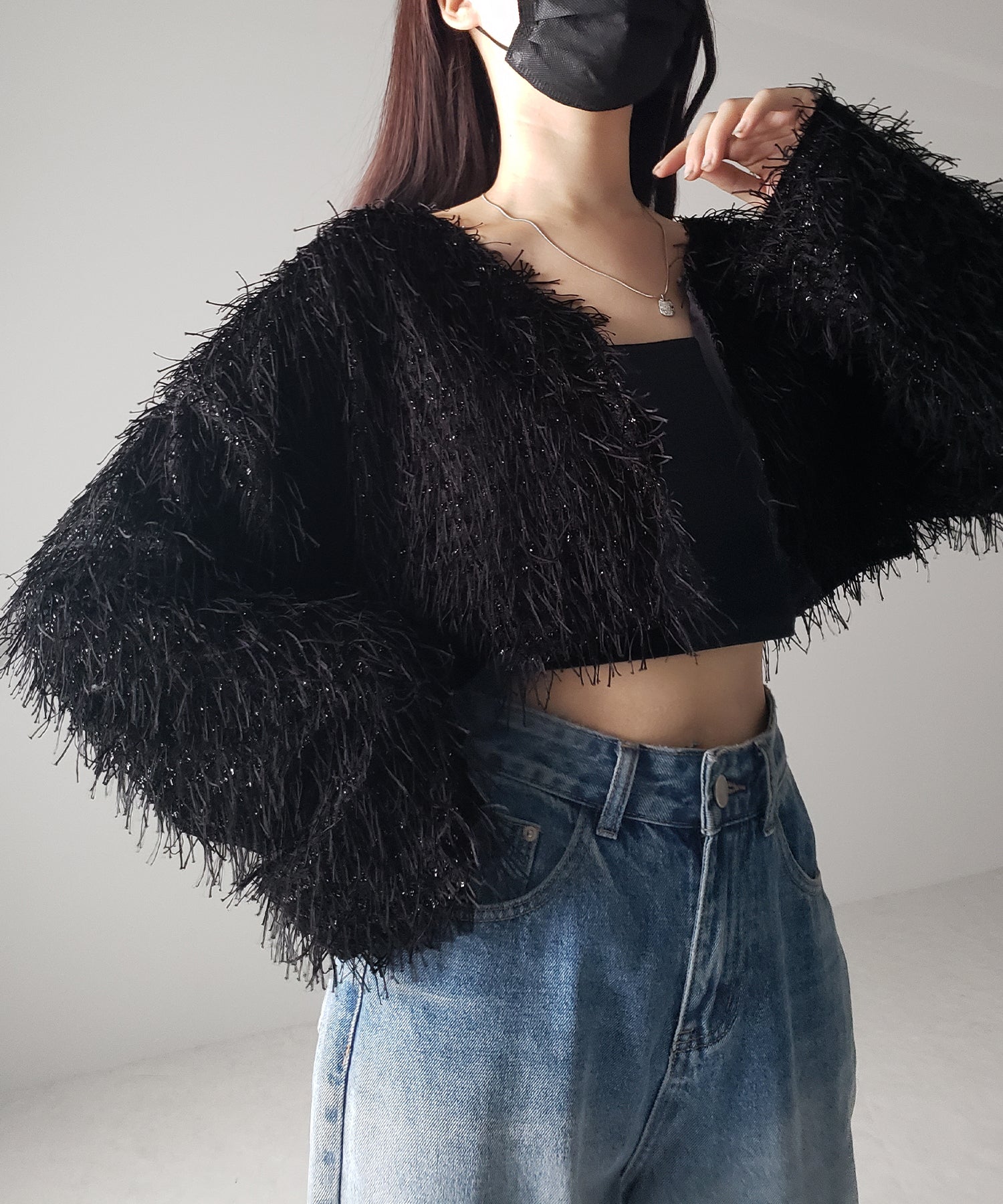 【 セットアップ可能 】シャギーフリンジショートカーディガン /shaggy fringe short cardigan