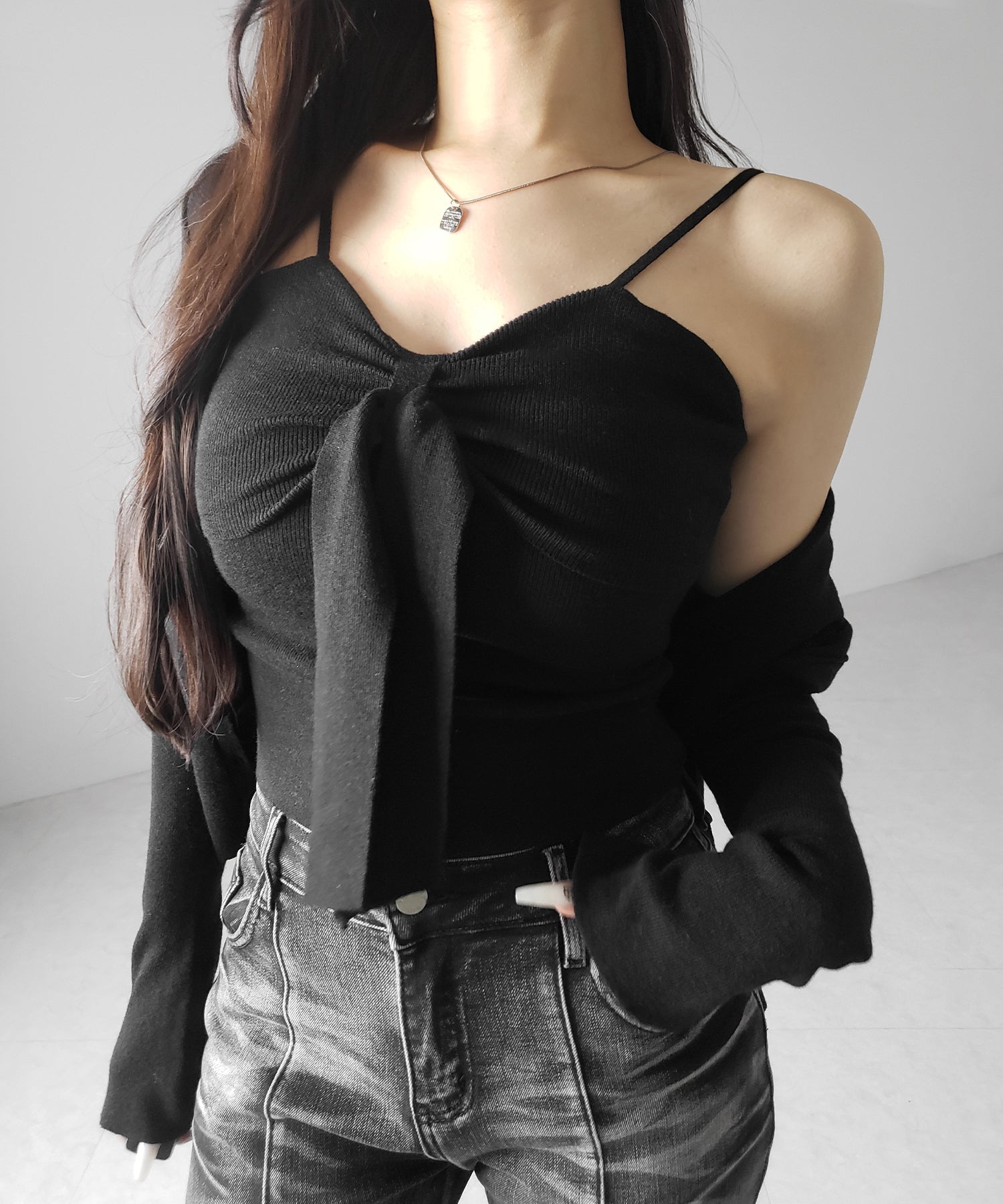 【 2点セット 】リボンニットキャミソール + カーディガンセット /ribbon knit camisole + cardigan SET