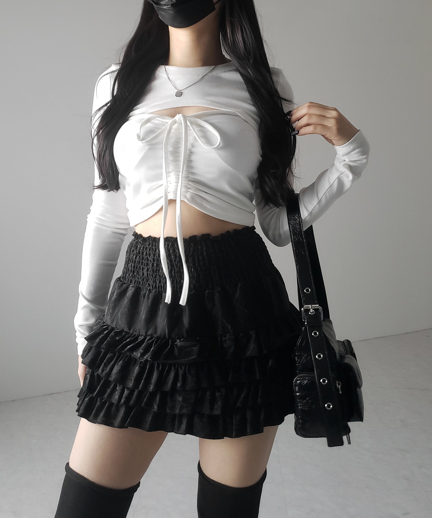 【 インナーパンツ裏地付 】ハイウエストシャーリングフリルミニスカート / high waist shirring frill mini skirt
