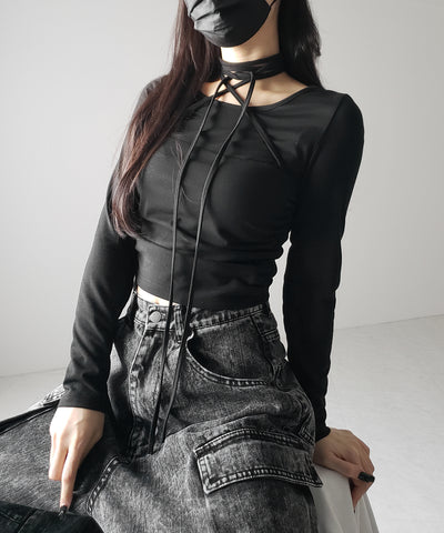 クロスストラップロングチョーカーリボントップス / cross strap long choker ribbon tops