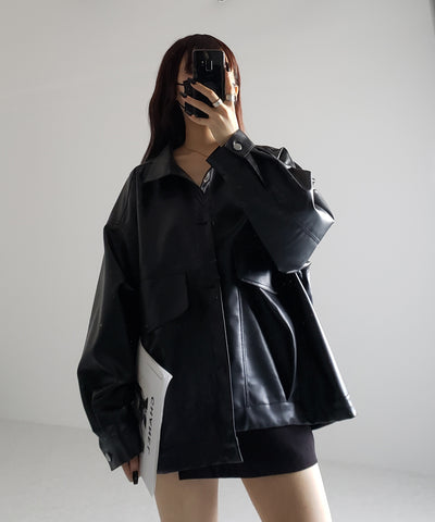 【 裾絞り可能2WAY 】ビッグシルエットボーイフレンドレザージャケット