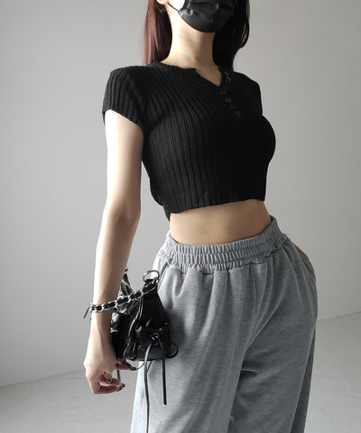 キーネックショートサマーリブニットトップス / Key neck short summer rib knit tops