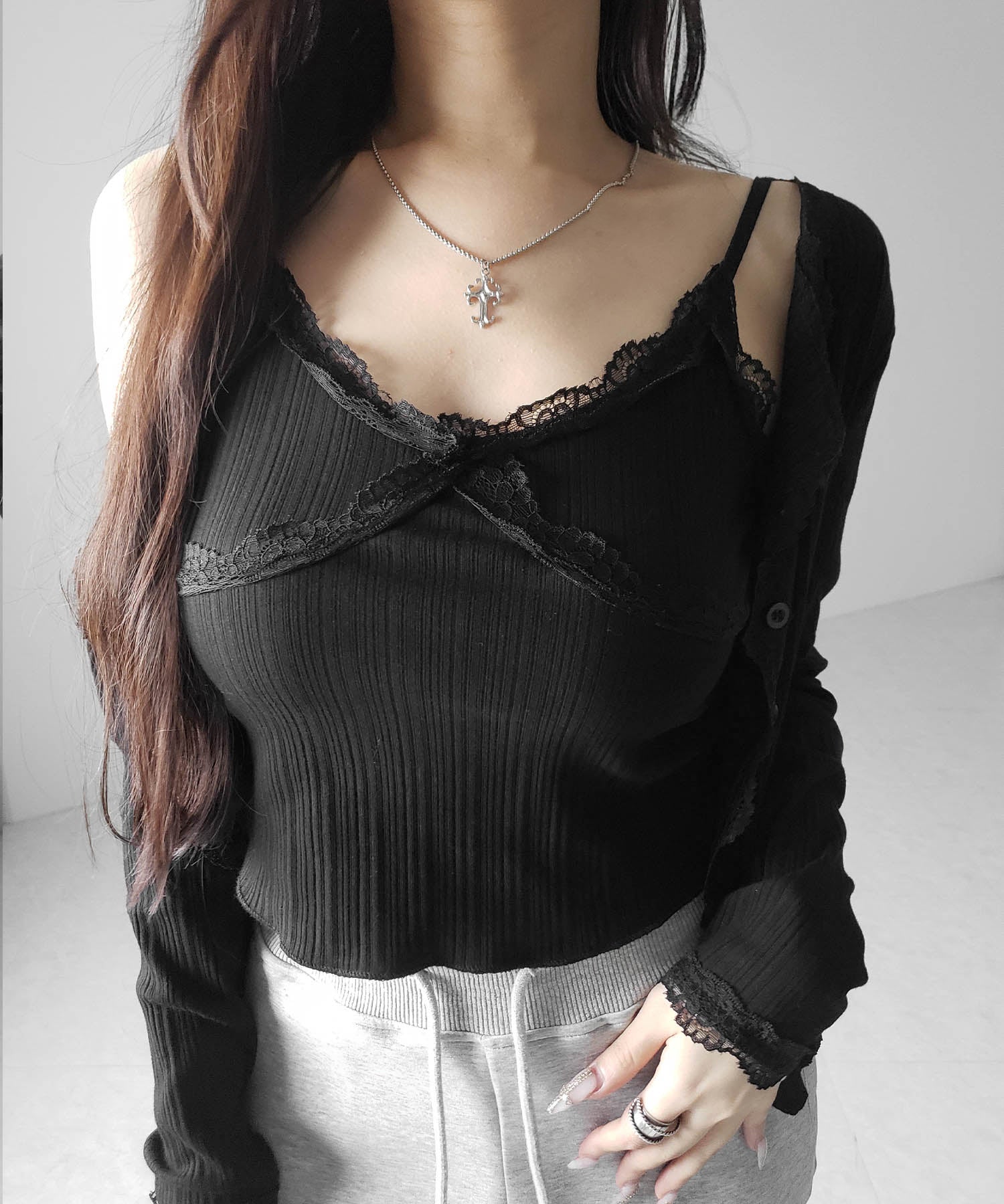 【 2点セット 】レースドッキングリブキャミソール + カーディガンセット / lace docking lib camisole + cardigan SET