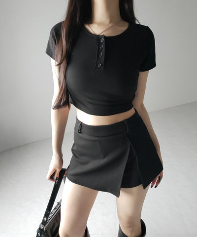 ヘンリーネック半袖ショートリブTシャツ /henley neck short sleeve short lib T-shirt