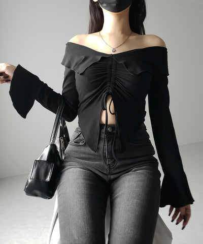 シャーリングフロントスリットオフショルトップス / shirring front slit offshoulder tops