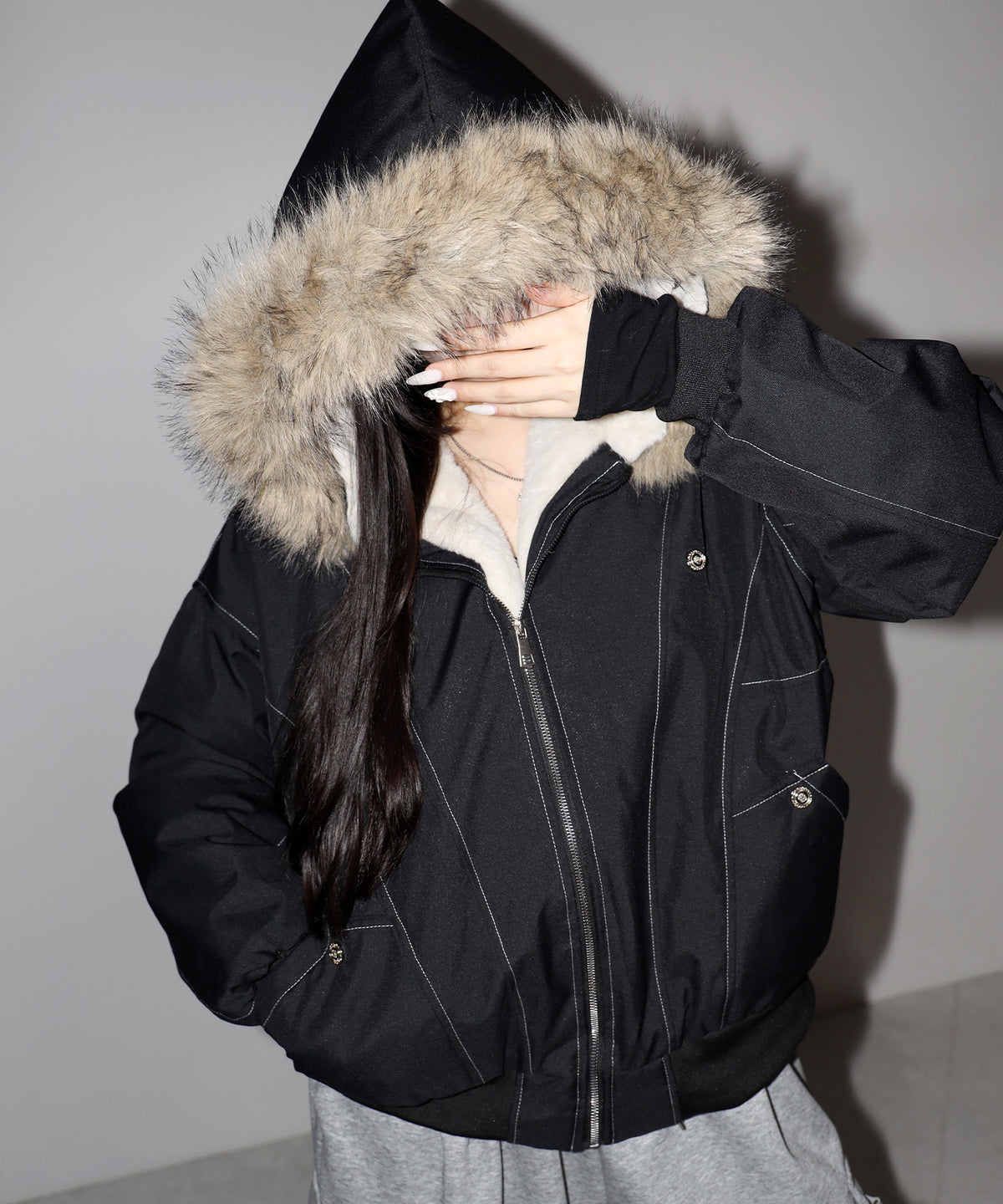 配色ステッチファーフード中綿オーバーブルゾン / stitch fur hood fake down over blouson
