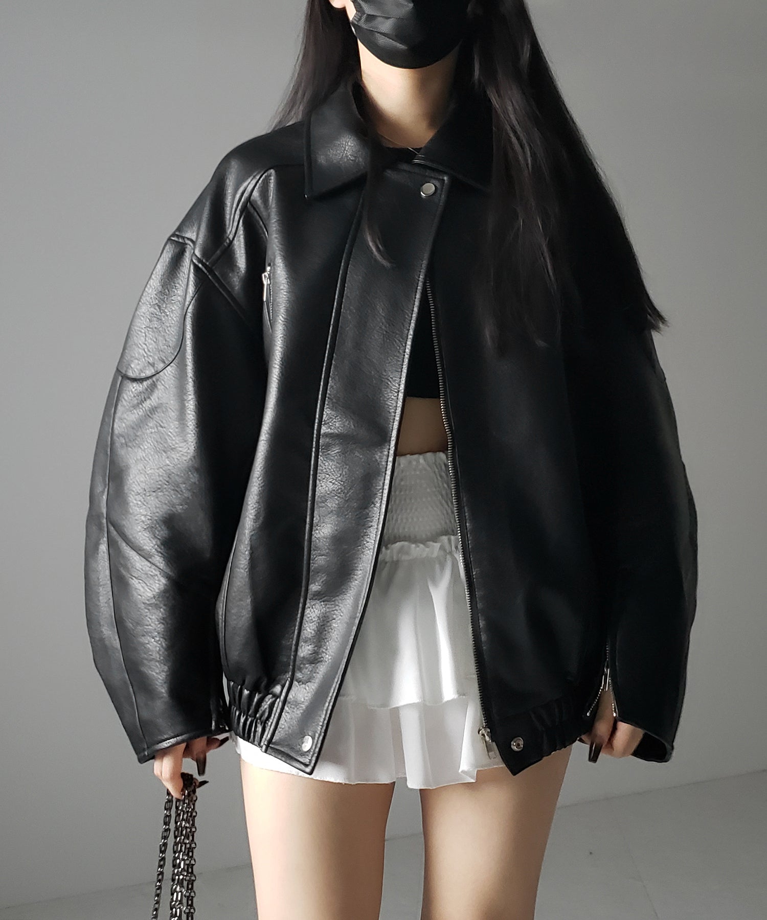 【 2color 】ヴィンテージライクボリュームスリーブフェイクレザーブルゾン / vintage like volume sleeve fake leather blouson