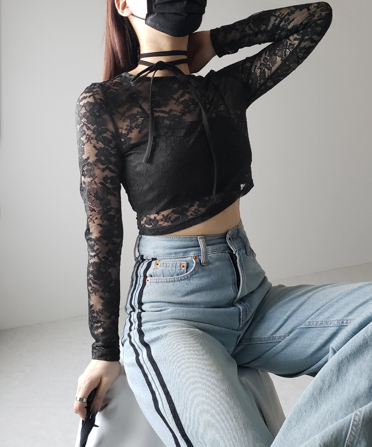 【 2color 】ストラップリボンショートレーストップス / strap ribbon short lace tops