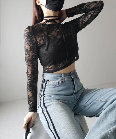 ストラップリボンショートレーストップス / strap ribbon short lace tops