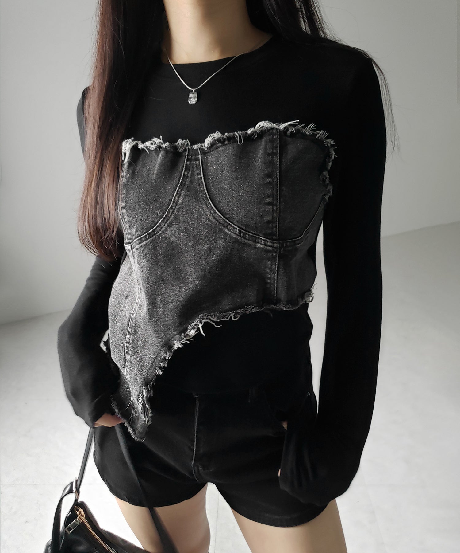 【 2color 】ダメージデニムビスチェドッキングTシャツ / damage denim bustier docking Tee