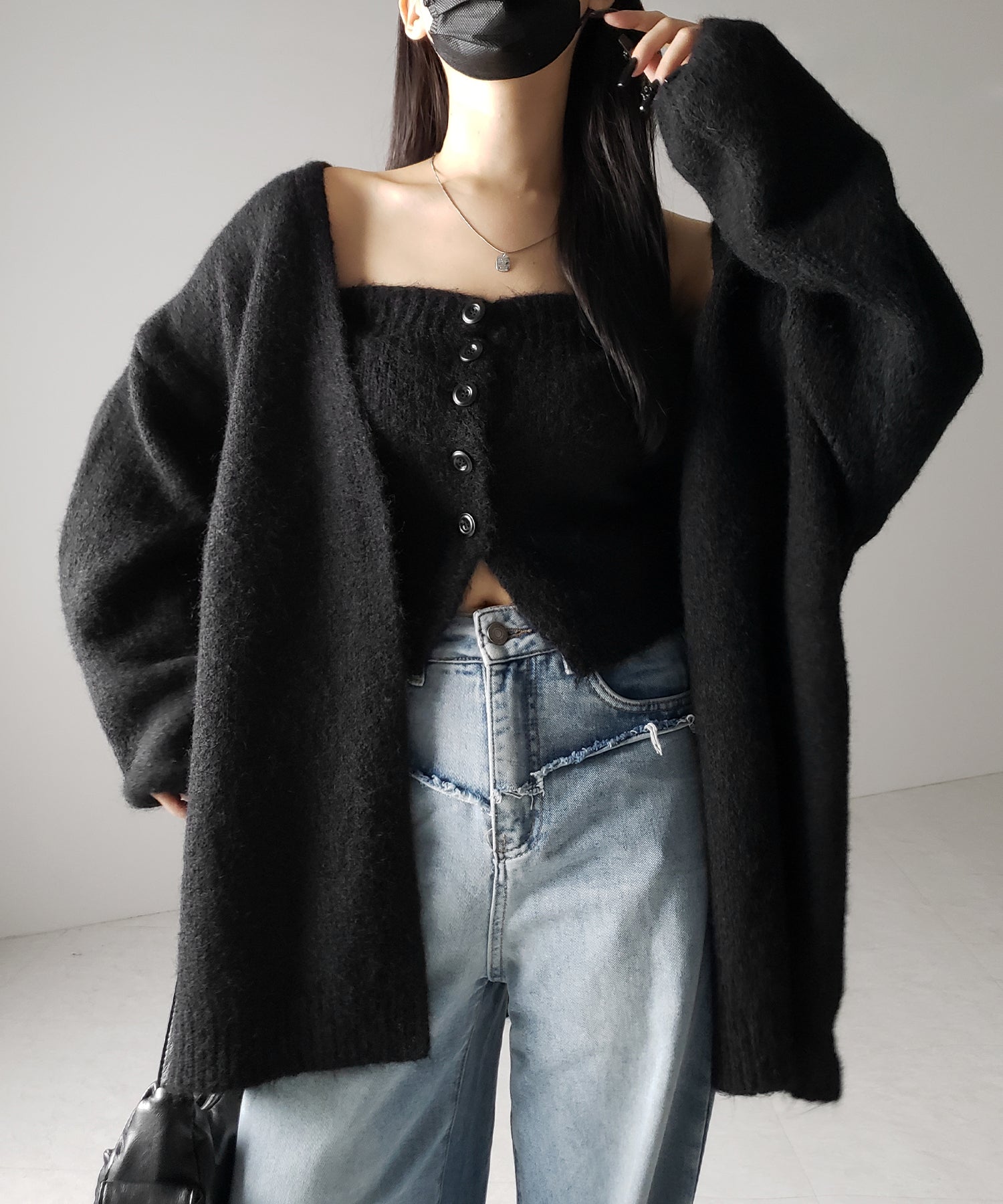 【 新色追加 /2点セット 】ニットボタンビスチェ +ロングカーディガンセット / knit button bustier + long cardigan set