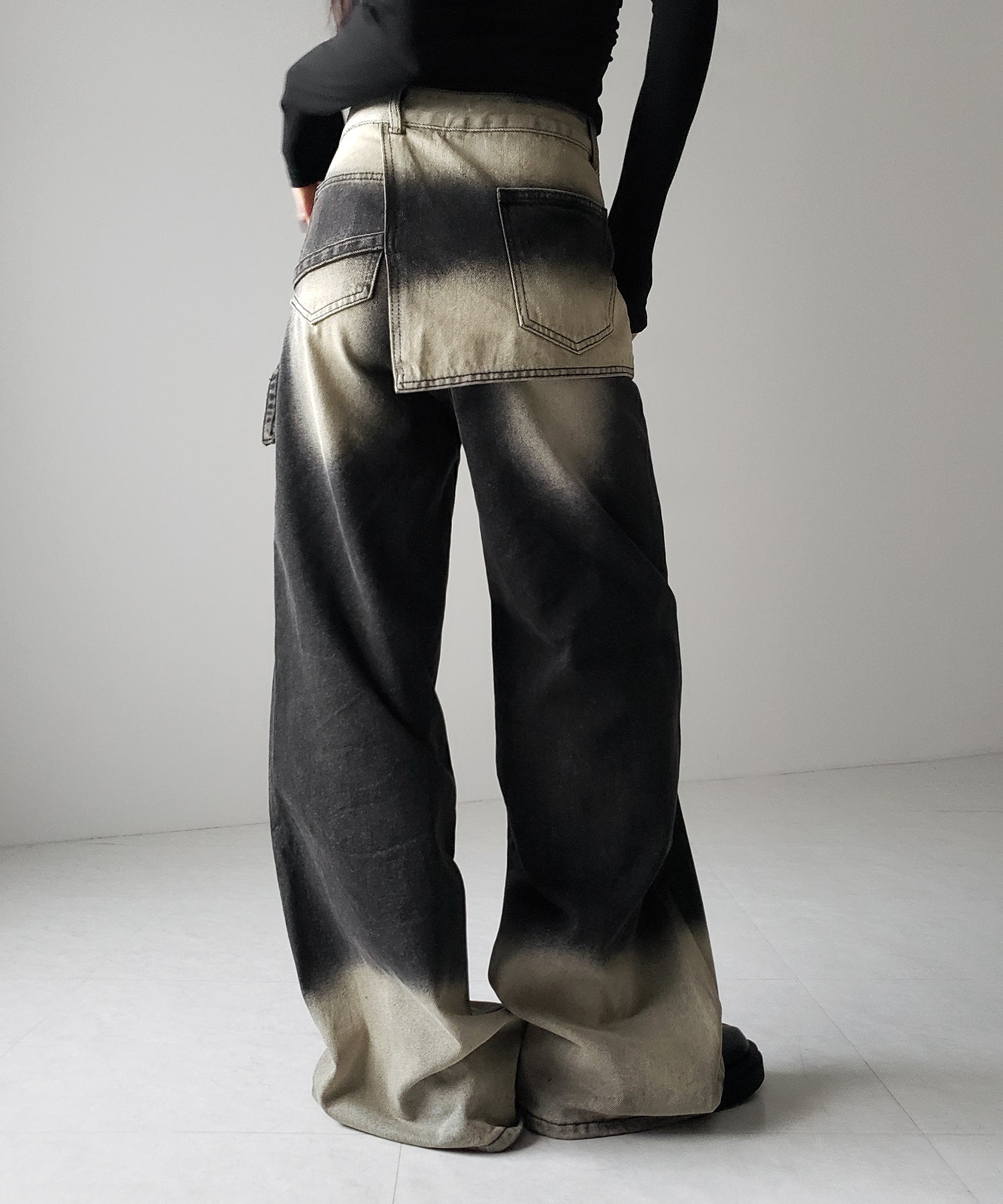 【 2color /4size 】ラップレイヤードバイカラーブリーチワイドデニム / wrap layered bicolor bleach wide denim