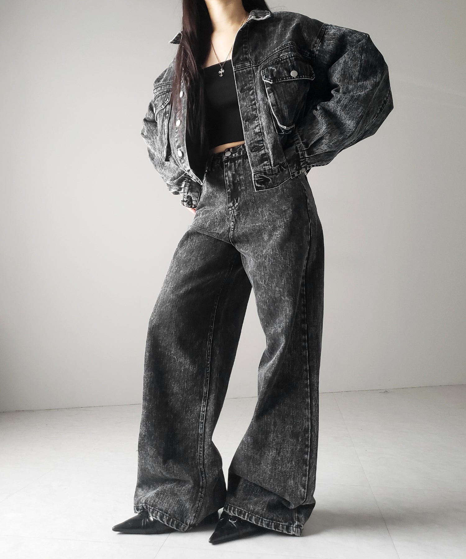 【 セットアップ着用可能 】ヴィンテージケミカルブリーチストレートワイドデニム / vintage chemical bleach straight wide denim