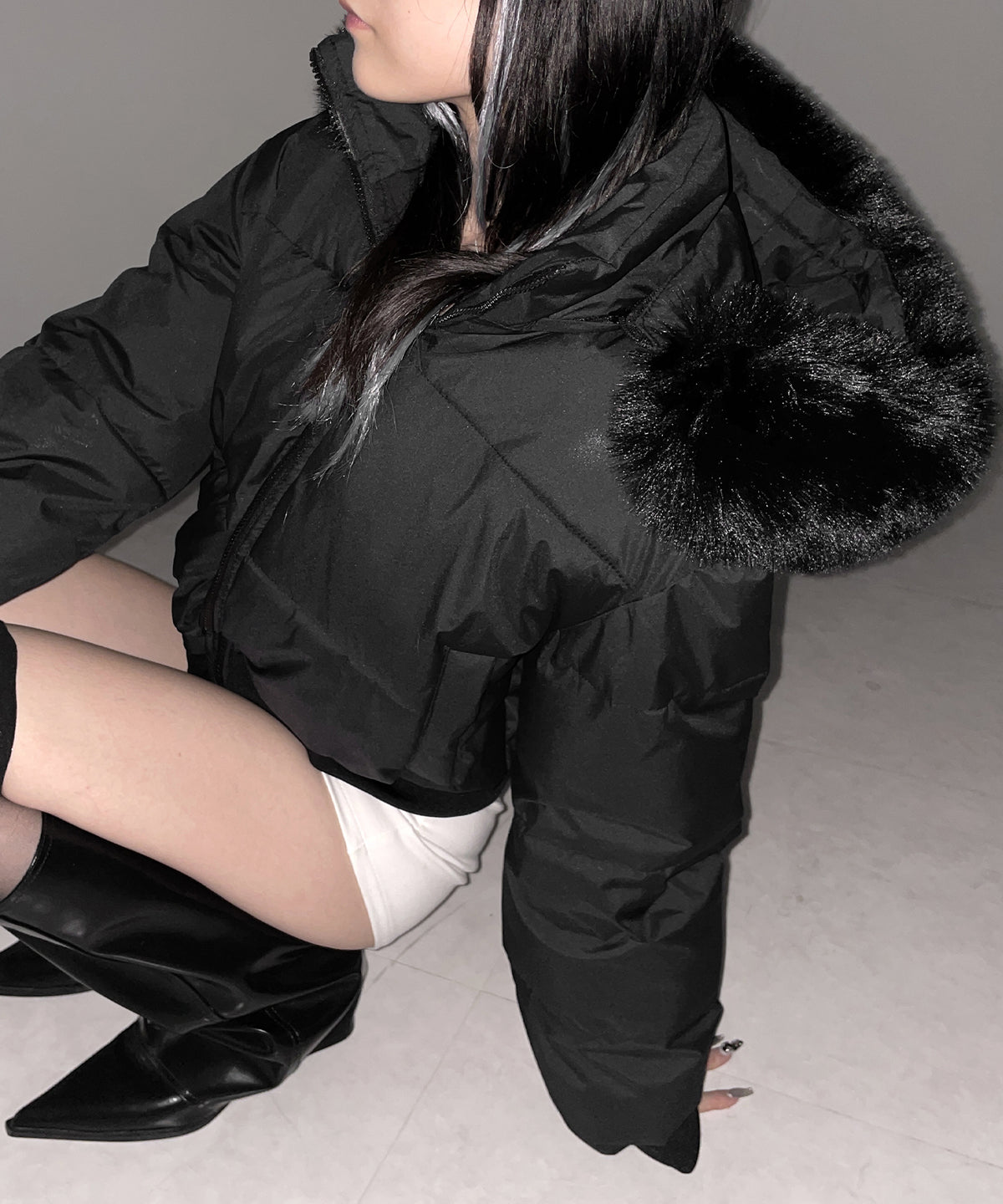 【 フード取り外し可能2WAY 】フェイクファーフードショート中綿ジャケット / 2WAY fake fur hoodie short fake down jacket