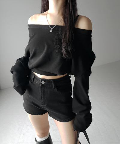 オフショルダーショートスウェットライクトップス / off shoulder short sweat like tops