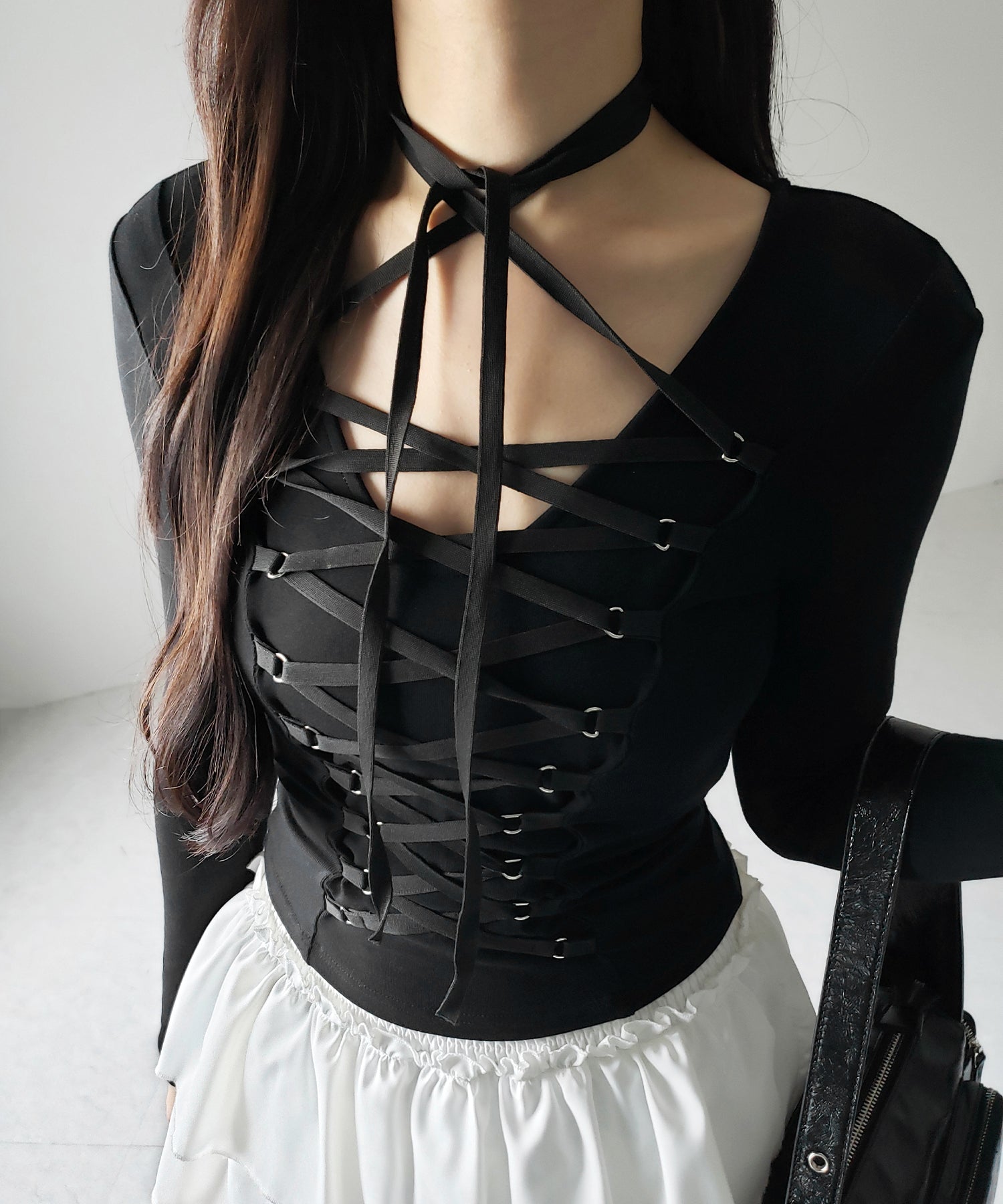 【 新色ピンク追加! /3WAY 】レースアップコルセットリボンチョーカートップス / lace up corset ribbon choker tops
