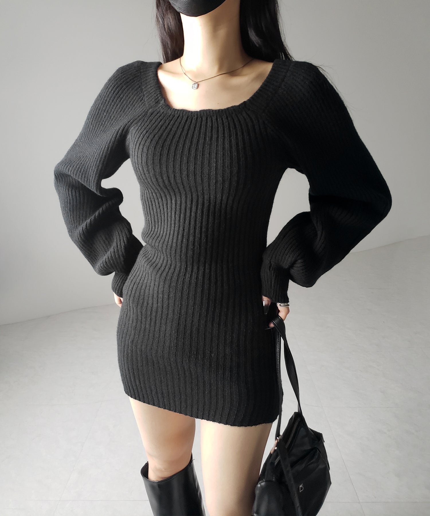 スクエアネックリブニットミニワンピース / square neck rib knit mini one piece