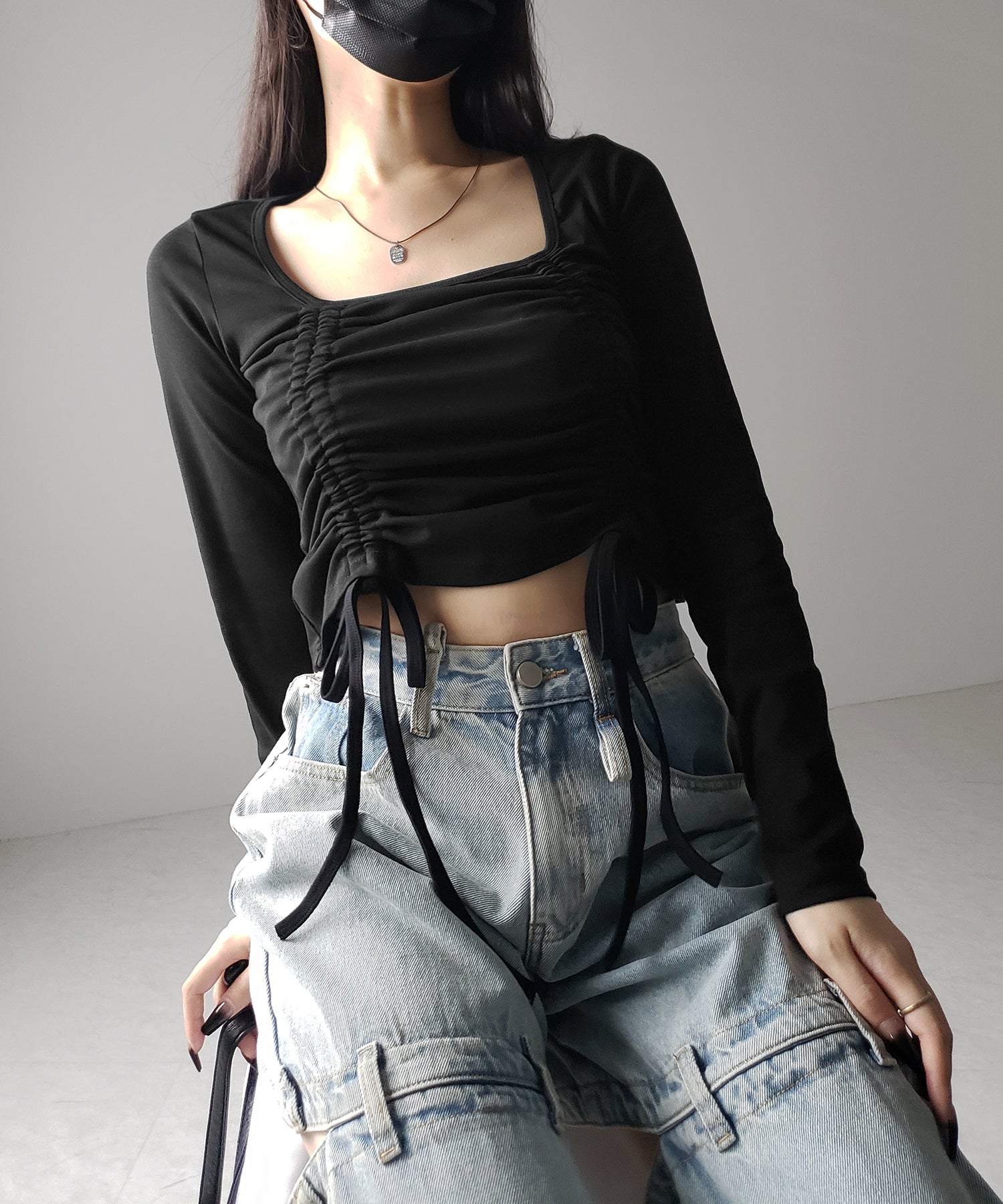 【 3color 】 ダブルシャーリングリボンスクエアネックトップス / double shirring ribbon square neck tops