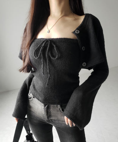 【 2点セット 】フロントリボンニットベアトップ + 長袖ショートカーディガン SET / front ribbon knit bare top + long sleeve short cardigan set