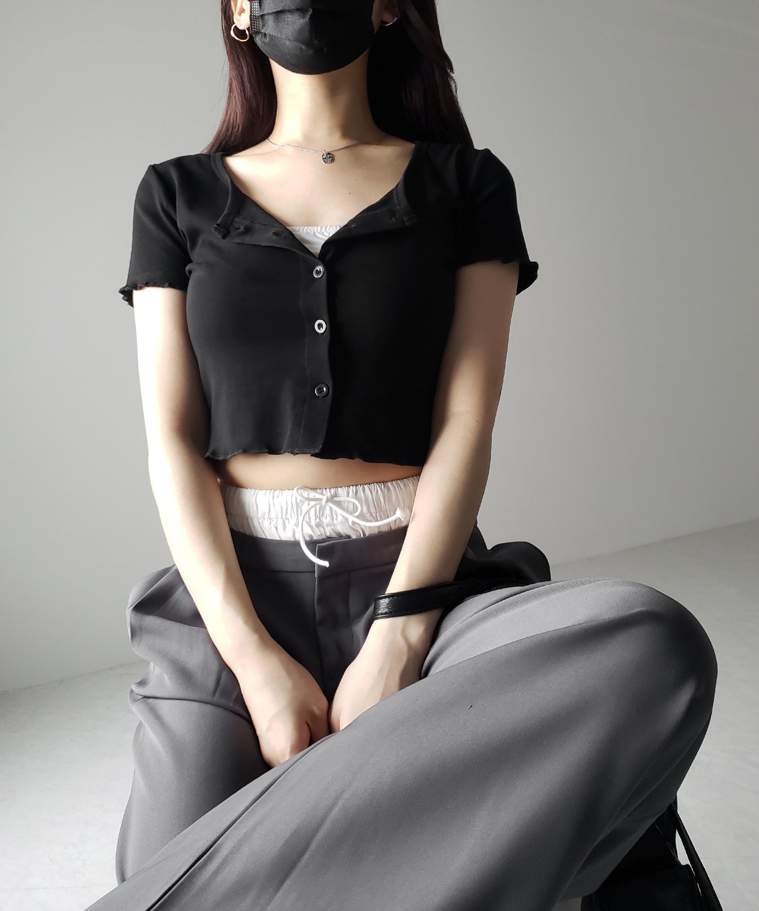 【 3color 】フロントボタン半袖メローショートTシャツ / front button mellow short Tee
