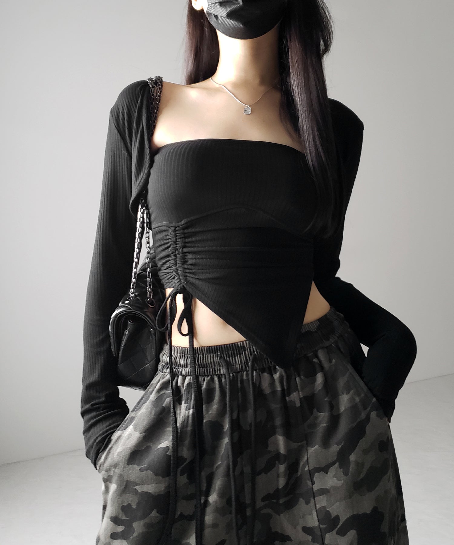 【 2点セット 】シャーリングリボンベアトップス & ショートカーディガン SET / shirring ribbon bare tops & short cardigan SET