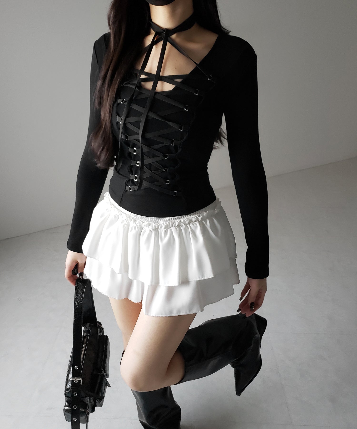 【 3WAY /2color 】レースアップコルセットリボンチョーカートップス / lace up corset ribbon choker tops