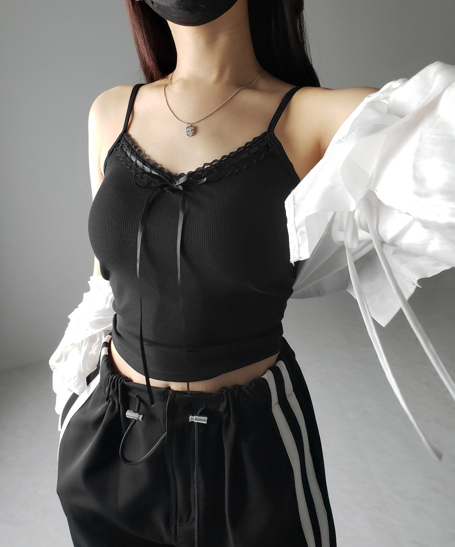 【 カップ付き 】サテンリボンレースリブキャミソール / satin ribbon lace lib camisole