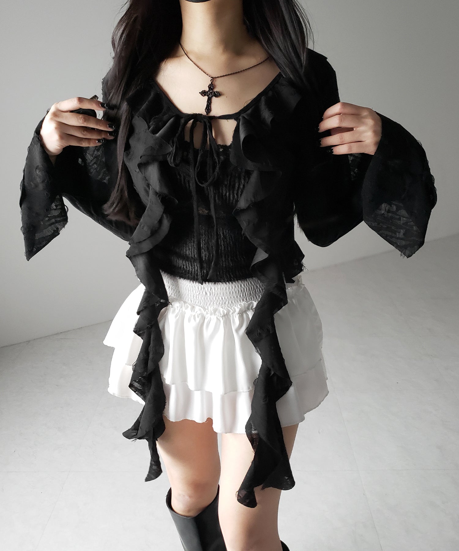 ダメージフリルショートリボンカーディガン / damage frill short ribbon cardigan