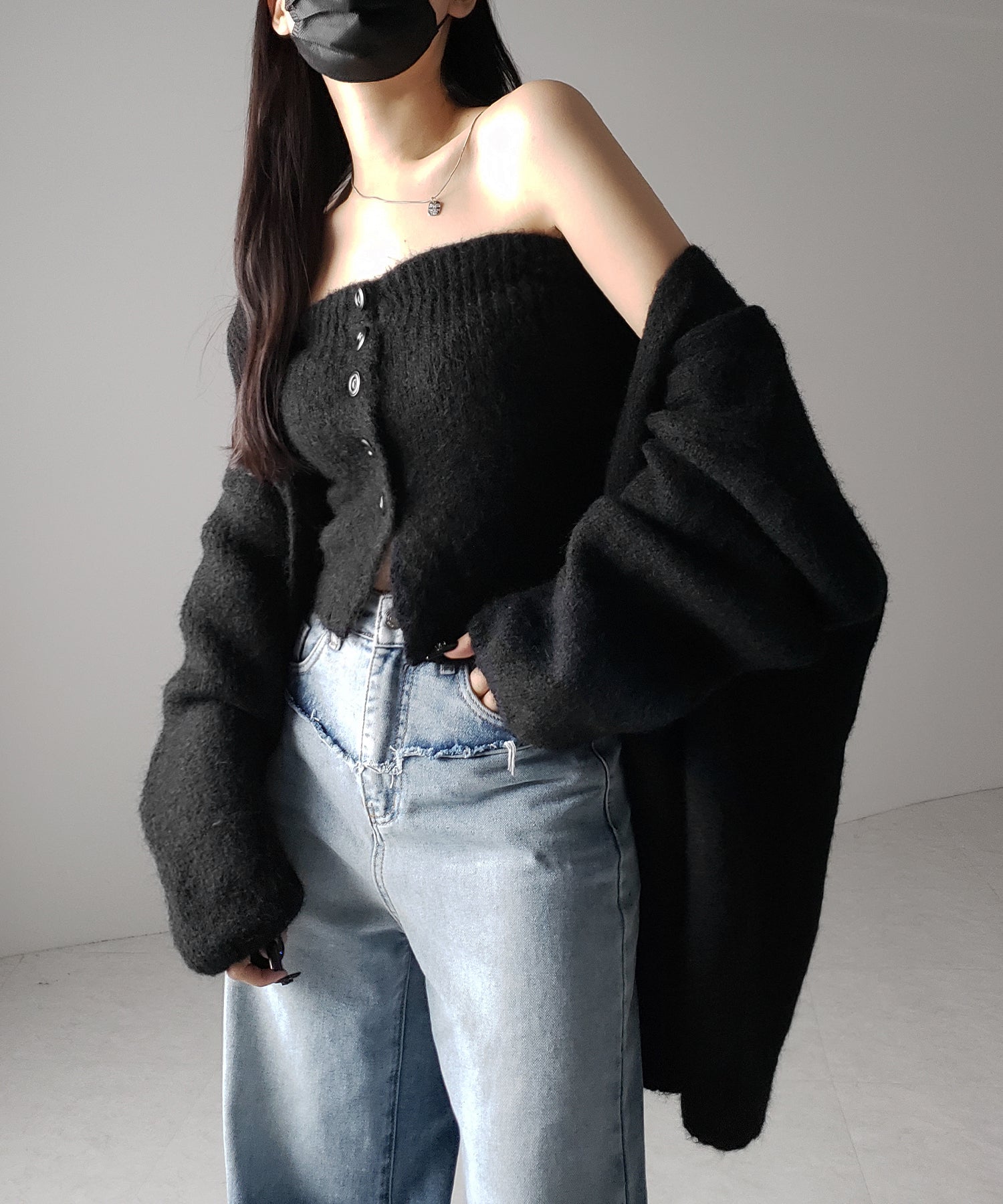 【 新色追加 /2点セット 】ニットボタンビスチェ +ロングカーディガンセット / knit button bustier + long cardigan set