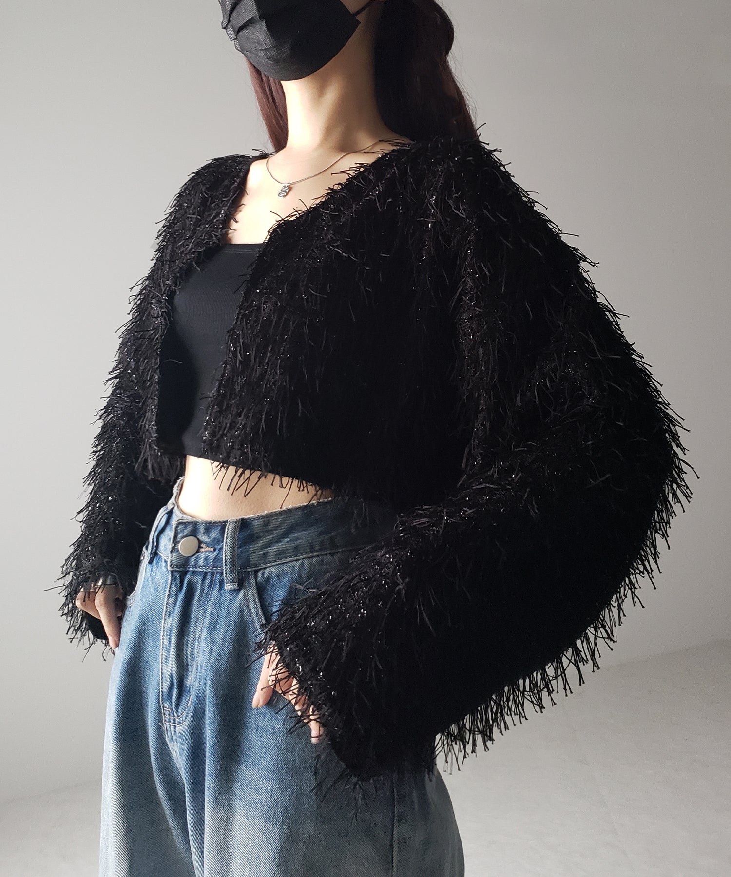 【 セットアップ可能 】シャギーフリンジショートカーディガン /shaggy fringe short cardigan