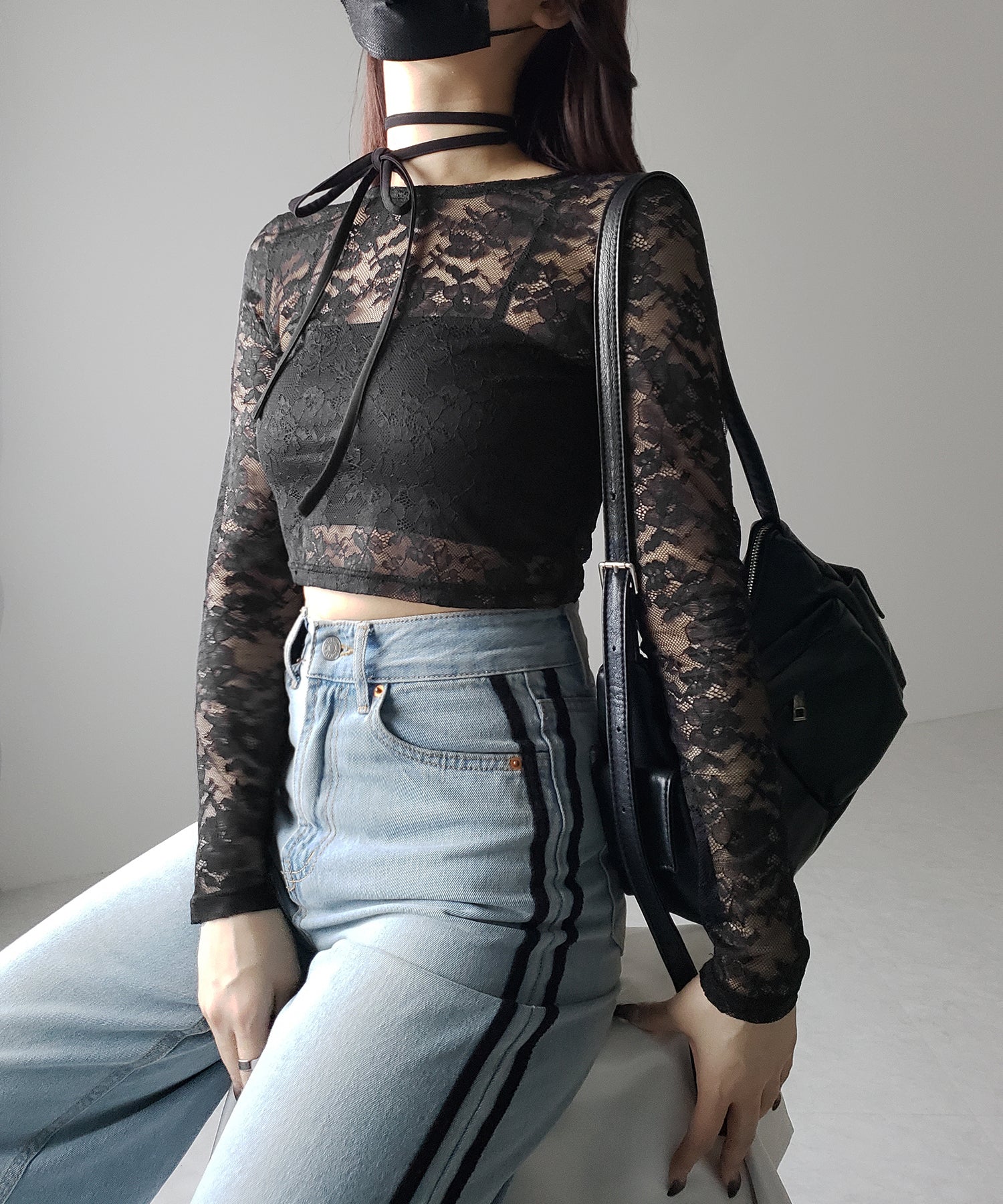 【 2color 】ストラップリボンショートレーストップス / strap ribbon short lace tops