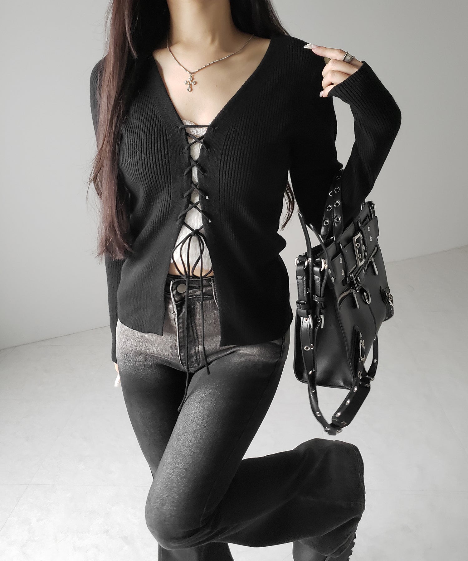 【 3color 】レースアップリボンリブニットカーディガン / lace up ribbon rib knit cardigan