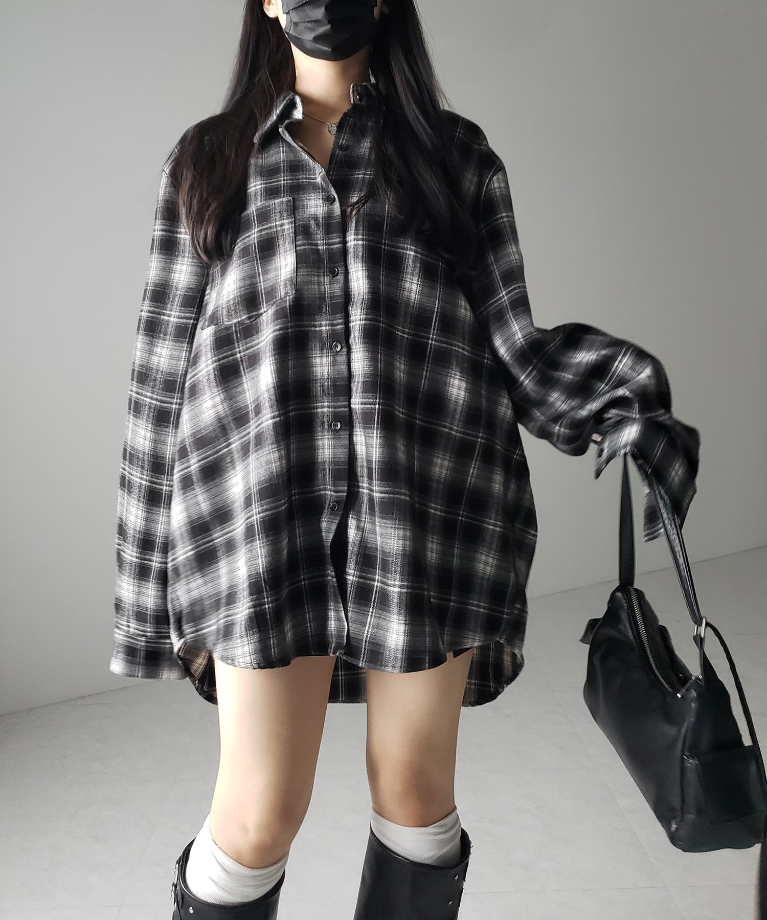 ビッグシルエットブラックチェックネルシャツ / big silhouette black check flannel shirt