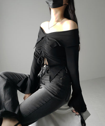 シャーリングフロントスリットオフショルトップス / shirring front slit offshoulder tops